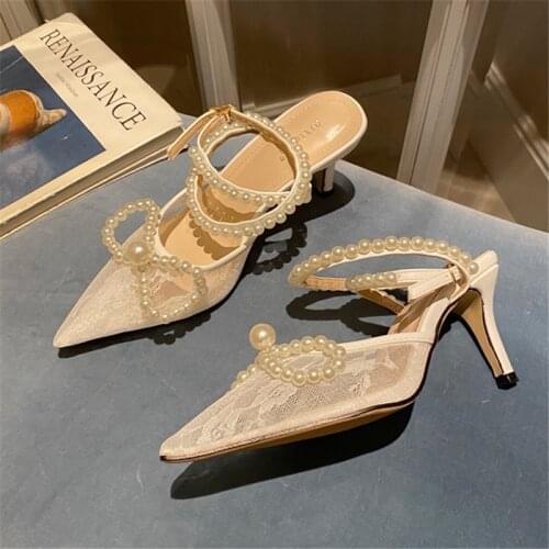2021 Summer Sweet Women Pearl 7cm High Heels Sandals Designer White Heels Butterfly Knots Mesh Sandals Cinderella Wedding Shoes