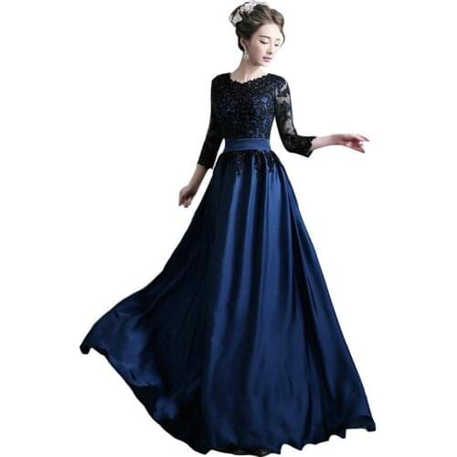 Fashion Slim Navy Blue Evening Dresses Elegant O-neck Long Sleeve Lace Appliques Satin Party Prom Gown Women Formal Dress