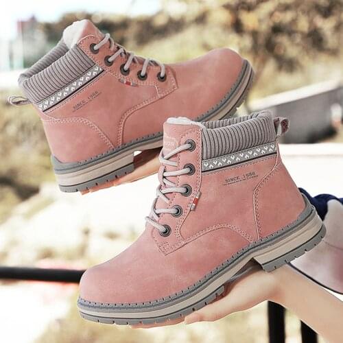 BIMUDUIYU Winter Shoes Woman Warm Snow Boots Women Leather Ladies Ankle Boots Outdoor Thick Bottom Tooling Boots Pink Booties