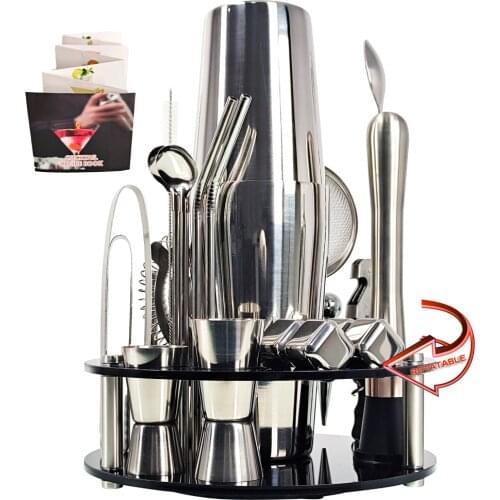 24-Piece Bartender Kit Cocktail Shaker Set Rotating Bracket Home DIY Suit for Mixed Drinks Martini Bar Tools Stainless Steel