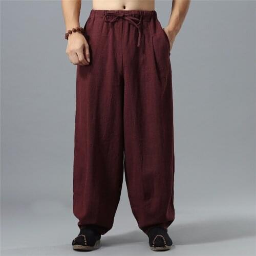 LZJN Kung Fu Pants Flax Long Trousers Elastic Waist with Drawstring Linen Bloomers Traditional Chinese Mens Trousers MF-64