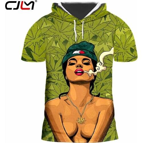 CJLM Unisex Tshirt With Hood Tops Print Green Leaf Girl 3d T-shirt Men /Womens Hiphop Fit Slim Short Sleeve Hoody Undershirt
