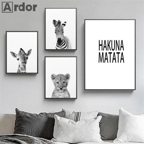 Baby Zebra Deer Elephant Rhinoceros Monkey Poster HAKUNA MATATA Quotes Art Print Nursery Canvas Painting Nordic Kids Room Decor
