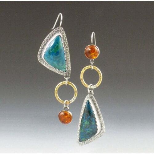 Two Tone Metal Geometric Circle Triangle Natural Stone Asymmetric Earrings for Women Fashion Vintage Gypsy Jewelry Wholesale