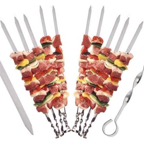 New 10Pcs Stainless Steel Barbecue Needle Kitchen Tools BBQ Barbecue Stainless Steel Grilling Kabob Kebab Flat Skewer BBQ Needle
