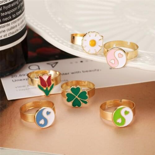 Vintage Trendy Enamel Heart Yin Yang Ring for Women Dripping Oil Color Contrast Flower Metal Gold Color Adjustbale Rings Jewelry