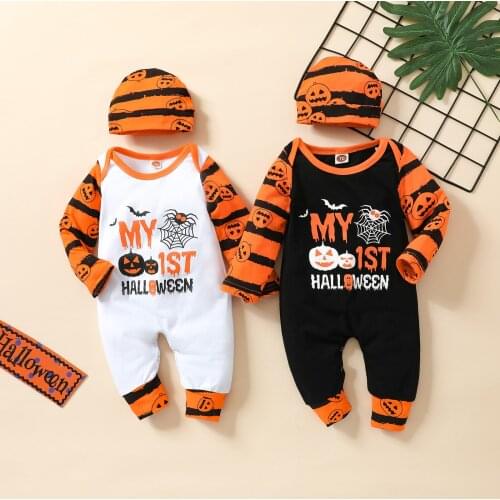 Newborn Baby Halloween Rompers Pumpkin Letter Cartoon Long Sleeve O Neck Jumpsuit + Beanie Cap 2Pcs Autumn Outfits Festival