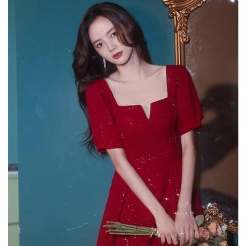 ETESANSFIN Wine Red Summer-Square Collar-Mid Length Sleeve Wedding/Party/Classmate Reunion/Annual Meeting/Daily Life Dress