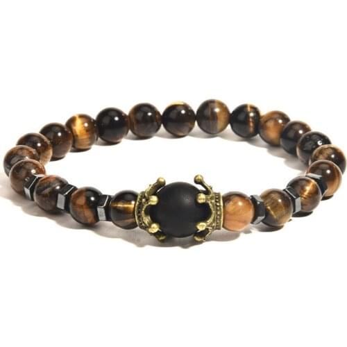 FYSL Copper Crown Connect Tiger Eye Stone Beads Elastic Bracelet Lapis Lazuli Vintage Style Jewelry