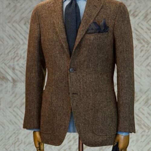 2020 Mens Coffee Tweed Jacket Herringbone Blazer Jacket Mens Suits Blazer Two Button Notch Lapel Tailored Fit(Only Blazer)