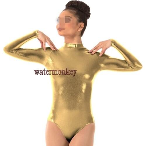 New Womens Shiny Metallic Suit Ballet Dance Wear Long sleeve Bodysuit Gymnastics jumpsuit