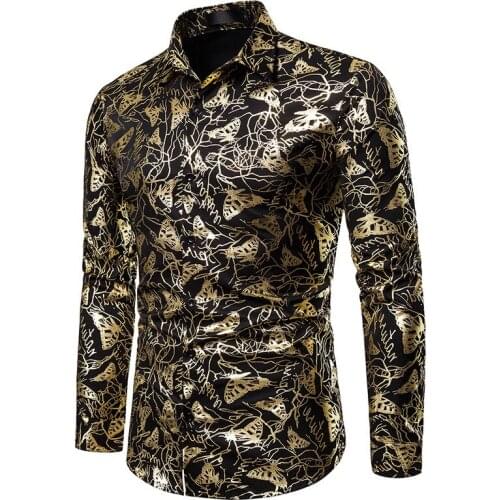 Stylish 3D Gold Butterfly Bronzing Tuxedo Shirt Men Slim Fit Long Sleeve Button Down Shirts Mens Club Party Social Shirt Male