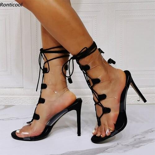 Ronticool New Arrival Women Gladiator Sandals PVC Strappy Stiletto Heel Open Toe Gorgeous Transparent Dress Shoes US Size 5-15