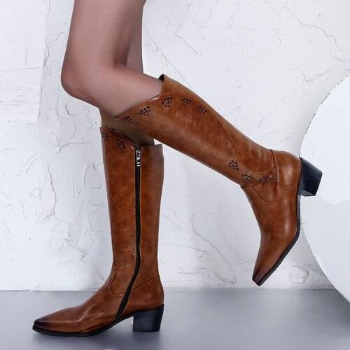 Fashion Spring Autumn Female Knee High Boots Hollow Breathable Zipper Womens Shoes Winter Warm Square Heel Slim Knight Boots