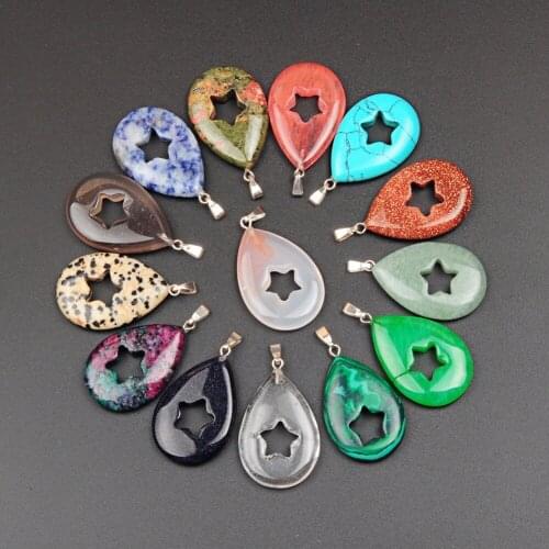 Water TearsDrop Hollow Pentagram Shape Pagan Healing Charm Beads Rock Crystal Quartz Stone Random Color Pendants New Age Jewelry
