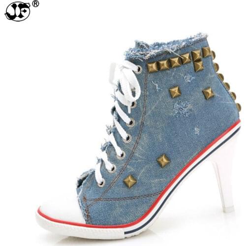 High top canvas shoes 8.5CM heels High-heeled casual shoes woman rivet shoe female lace up Demin shoes chaussure femme889