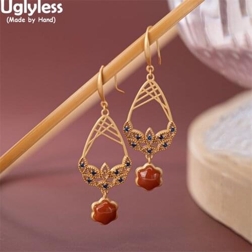 Uglyless Water Drop Hollow Eastern Beauty Dress Earrings for Women Ethnic 925 Silver Jewelry Agate Plum Blossoms Dangle Earrings