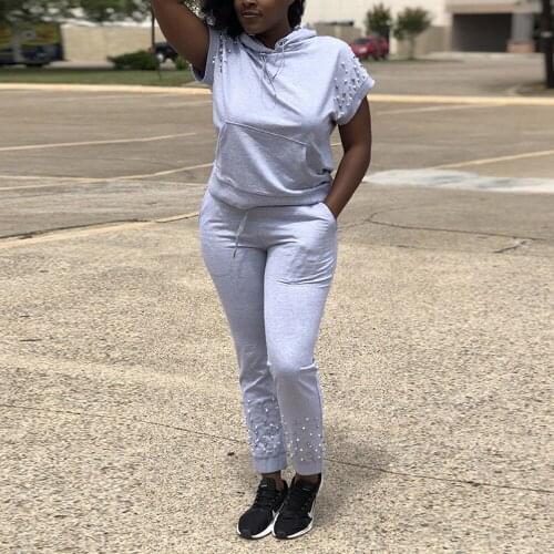 Women Two Pieces Summer Pants Sets 2021 Grey Beading Solid Fashion CausalHoodies & Pants High Street Wear Outfits Matching Sets