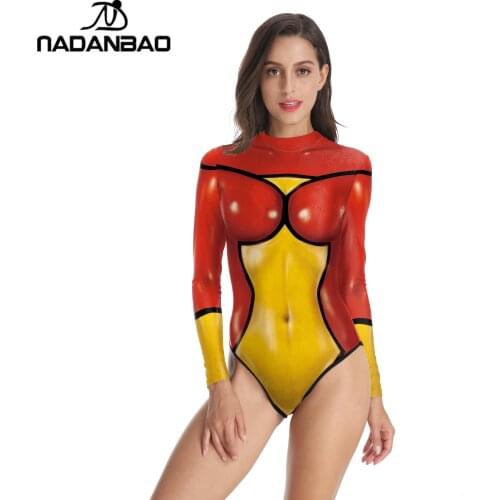 NADANBAO Women Summer Beach Wear Superhero print Sexy Long sleeve Bathing Suit