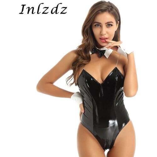 Womens Lingerie Naughty Bunny Girl Cosplay Costumes Leather Teddy Bodysuit with Collar and Wrist Cuffs Sexy Role Play Clothing