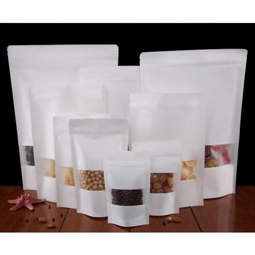 100pcs/lot-7 sizes options White Kraft Paper Stand Up Zip Lock Bag with Clear Window Coffee Bean Tea Powder Food Party Gift Bags
