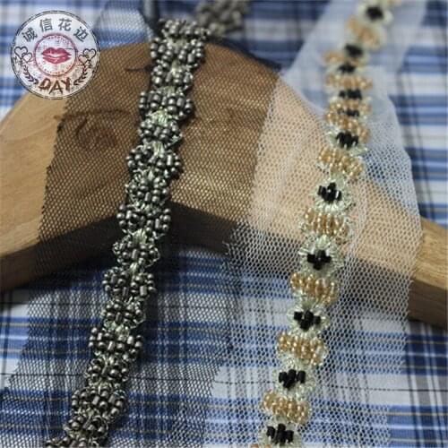 2Yards/Lot 1.3cm Pearl Beaded Lace Trim Vintage Mesh Fabric Paillette Chemical Lace Wedding Dress Dentelle Ruban Applique