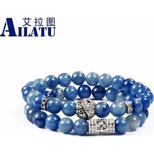 Ailatu Chinese Style 8mm Blue Aventurine Beads with Micro Pave Cz Yin-yang Taiji Round&Carved Column Charm Bracelet