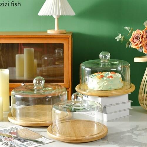Bamboo Wood Cake Pan Trays Decorative Food Storage Rotating Tray with Glass Lid Desktop Dessert Plate Afternoon Tea Snacks Stand