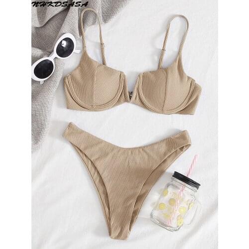 Bikini 2021 Women Solid Ribbed Underwired Swimsuit V Bra Female Swimwear Two-piece Swim Lady Bather Push Up Biquini Bathing Suit