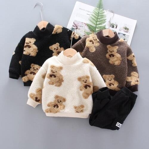 Baby clothes winter lamb velvet cute cartoon bear high collar sweater suit for baby boy and girl stylish thick warm sweater suit