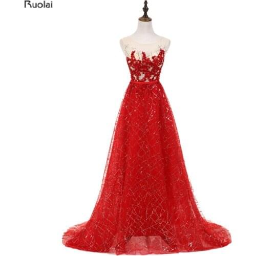 In Stock Real Sample Evening Dresses 2018 Long Sequin Lace Appliques Sleeveless Red Evening Gown Party Dresses Robe De Soiree