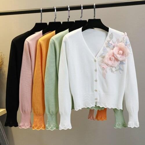 Womens V-Neck Cardigan Jacket Knitted Spring Autumn Slim Short Knit Sweater Coat Flowers Outwear Single-breasted Crop Tops 2020