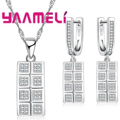 Classic Style Box Shape Women Jewelry Sets 925 Sterling Silver Shiny Crystal Necklace Pendant Earrings Sets Free Ship