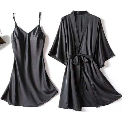 2PCS Robe Set Sexy Kimono Bathrobe Gown Female Satin Bridal Wedding Gift Nightgown Casual Sleepwear Nightwear Intimate Lingerie
