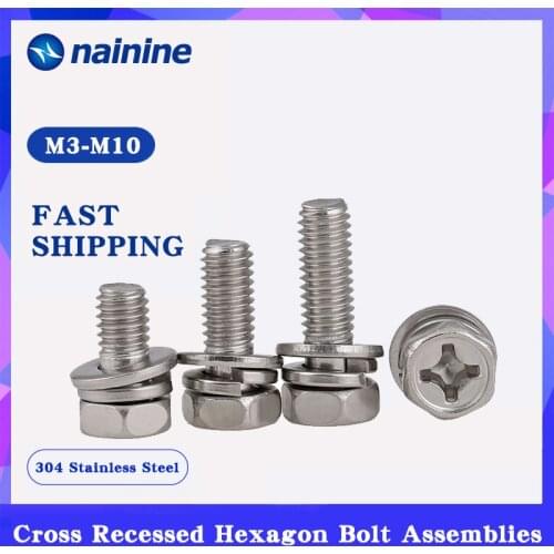 M3-M10 GB9074.13 304 Stainless Steel Cross Recessed Hexagon Bolt With Lock Washer And Plain Washer Assemblies Screws A113