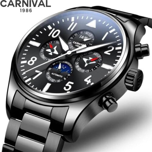 Men Fashion Casual Black Steel Watch Automatic Mechanical Watch Reloj Hombre Business Luxury Watches CARNIVAL Male Clock New