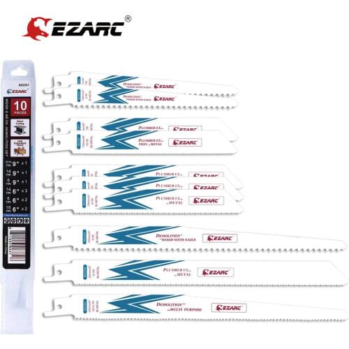EZARC 10-Piece Reciprocating Saw Blades 6 to 9 Inch Bi-Metal Demolition Blade Set for Power Tools of Wood and Metal Cutting