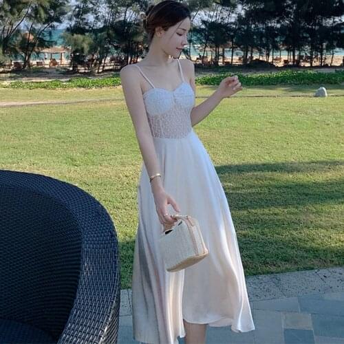 New Arrival Fashion Summer Long Beach Dress Women Artificial Silk Elegant Sexy Strap Vacation Clothes Lace Acetate Party Dress