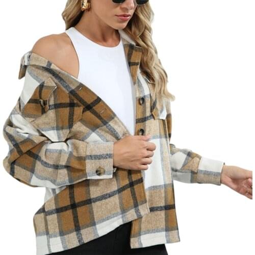 2021 Autumn Women Jackets Long Sleeve Button-up Coat Solid Color/Plaid Print Lapel Neck Tops for Spring Fall