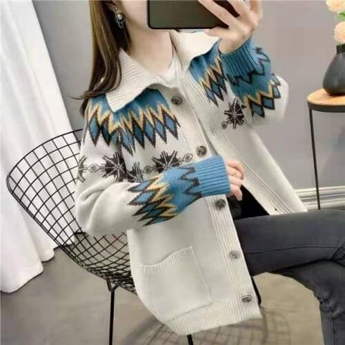 Autumn and winter clothing 2021 fashion new ladies diamond jacquard cardigan women loose knitted jacket women sweater casual