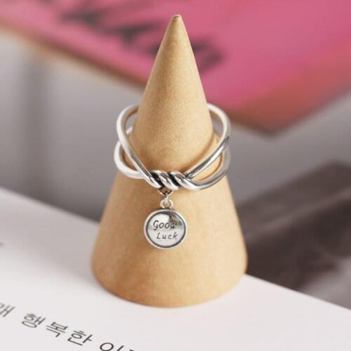 Retro Handmade Oxidized 925 Sterling Silver Jewelry Double Layer Twisted Crossover GOOD LUCK Coin Disc Charm Rings Birthday Gift