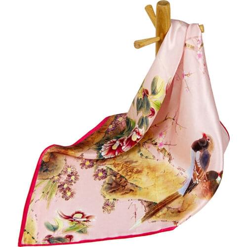 High-quality Pure Silk Scarf Women Bandana Female Hair Scarf Flower Womens Natural Silk Square Neck Head Scarf for Women Bird
