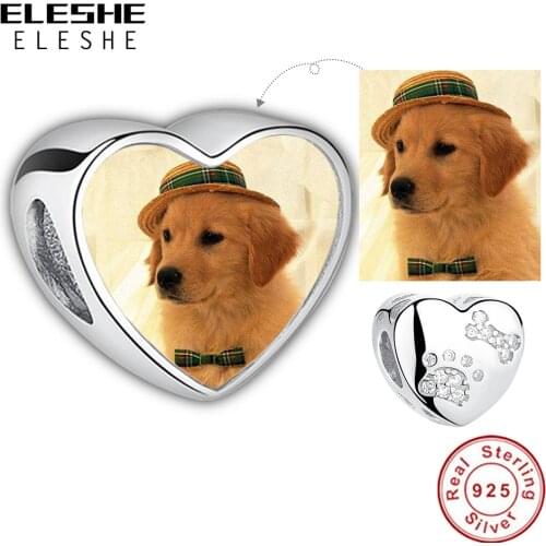 ELESHE DIY Personalized Jewelry 925 Sterling Silver Paw Print Heart Charms Custom Photo Beads Fit Original Bracelet Necklace