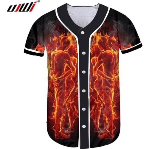 UJWI Mens Novel Baseball Shirt 3D Printed Flame Hug Couple T-shirt Handsome Hip Hop Man Gothic Glitter Tshirt