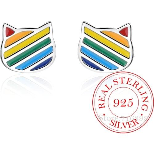 925 Sterling Silver Stud Earrings 2021 Fine Jewelry Cute Cat Color Drop Glazed Earrings For Women Girl Gift Boucle D'oreille