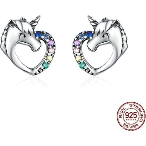 MIQIAO 925 Sterling Silver Unicorn Horse Color Crystal Piercing Ear Cuff Stud Earring for Women Girls Couple Lover Gift Jewelry