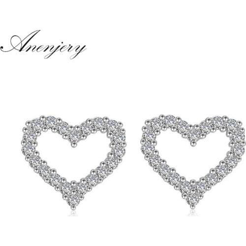 ANENJERY 925 Sterling Silver Classic Shiny Zircon Love Heart Earrings For Women Wedding Jewelry oorbellen S-E360