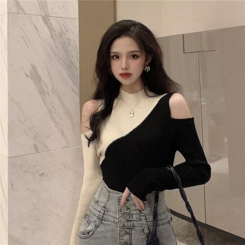 Woman Sweaters Womens Knitwear 2020 Autumn Sweater Slim-Fit Contrast Colors off-the-Shoulder Top Femme Chandails Pull Hiver