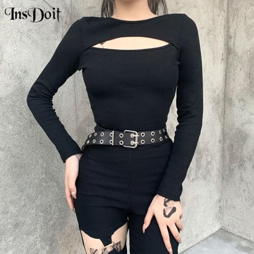 InsDoit Streetwear Sexy Hollow Out Black Top Punk O Neck Bodycon Long Sleeve Tops Women Harajuku Casual Knitted Autumn Basic Top