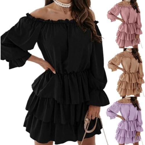 Women Stylish Slash Neck Solid Color Mini Dress Elegant Long Sleeve Ruffle Hem Tunic Cake Dress Streetwear Party